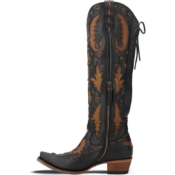 Women's Black Pointed Toe Zipper Cowgirl Boots Lace up Chunky Heel Western Boots - Picture 5 of 7